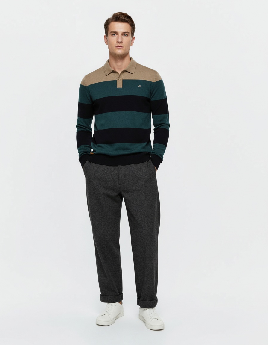 Men's Slim Fit Striped Patchwork Casual Autumn Polo Sweater