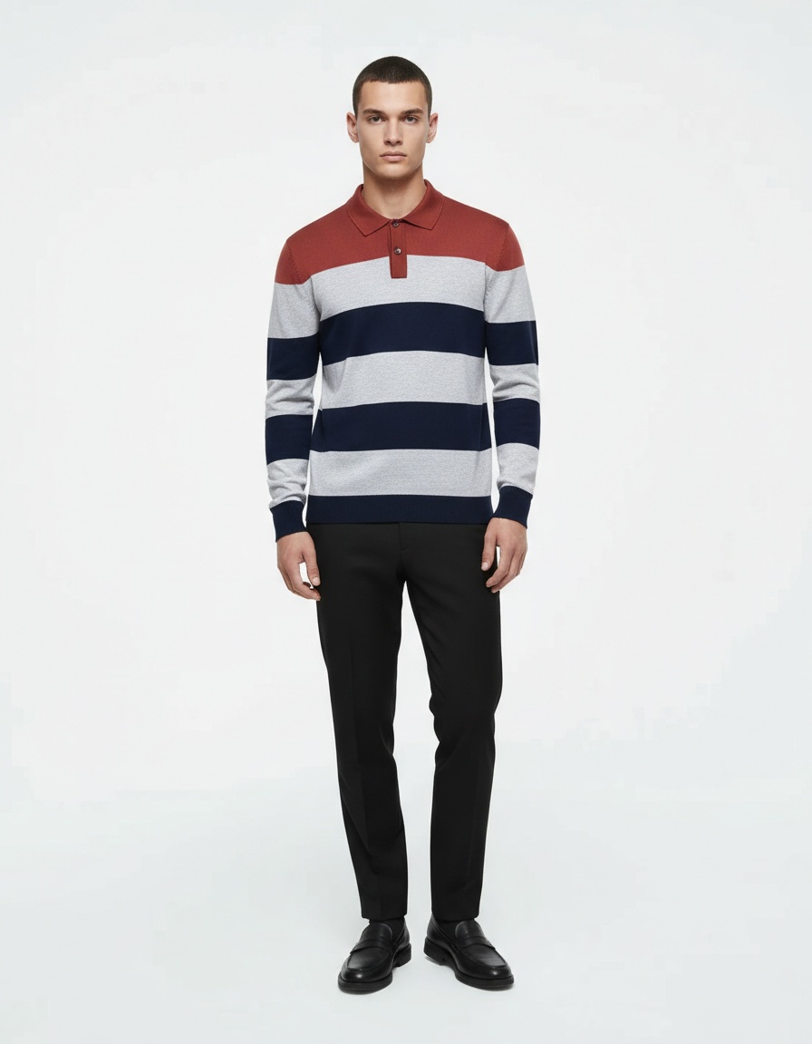 Men's Slim Fit Striped Patchwork Casual Autumn Polo Sweater