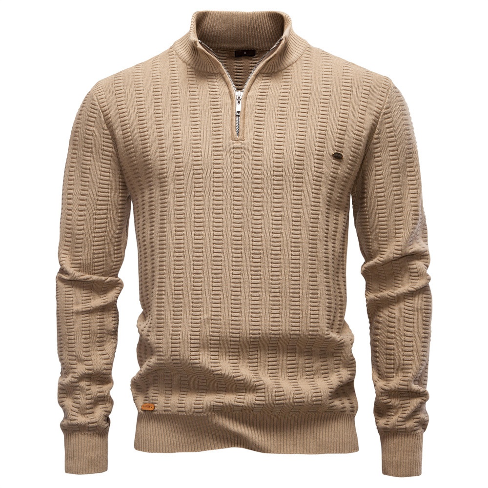 Premium Striped Jacquard Half-Zip Stand Collar Winter Men's Sweater