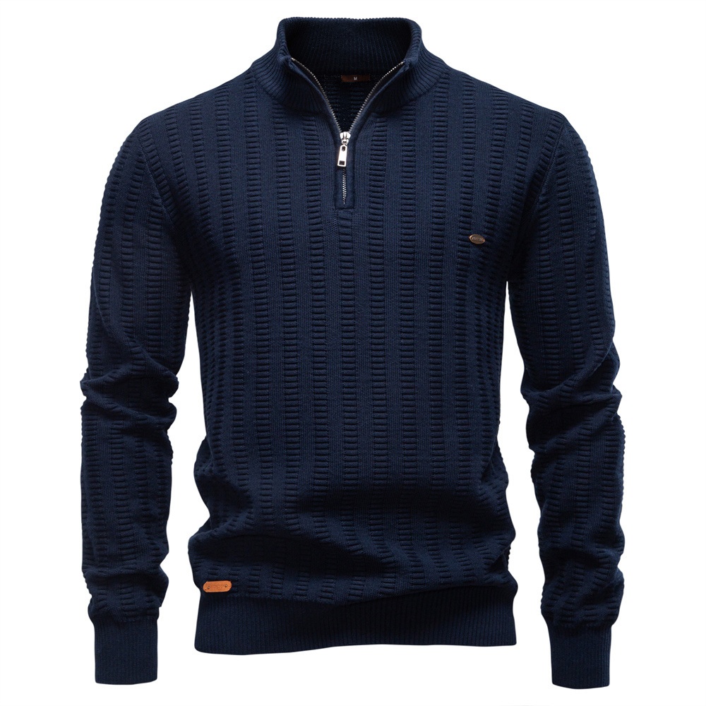 Premium Striped Jacquard Half-Zip Stand Collar Winter Men's Sweater