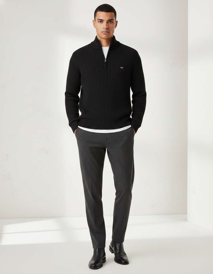 Premium Striped Jacquard Half-Zip Stand Collar Winter Men's Sweater