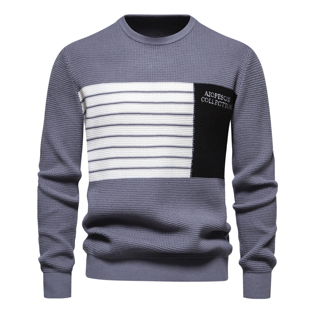 Casual Striped Patchwork Crew Neck Long-Sleeve Men's Autumn and Winter Sweater