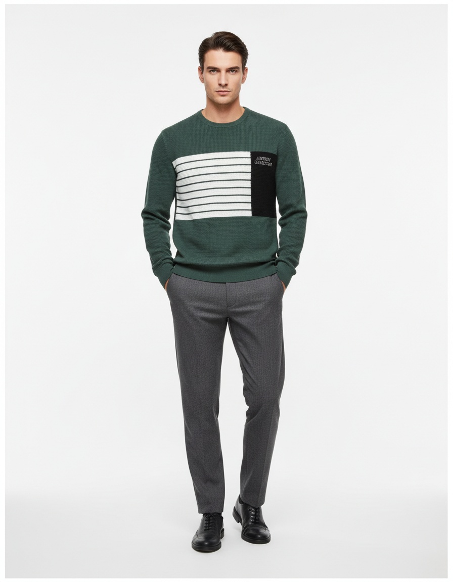 Casual Striped Patchwork Crew Neck Long-Sleeve Men's Autumn and Winter Sweater