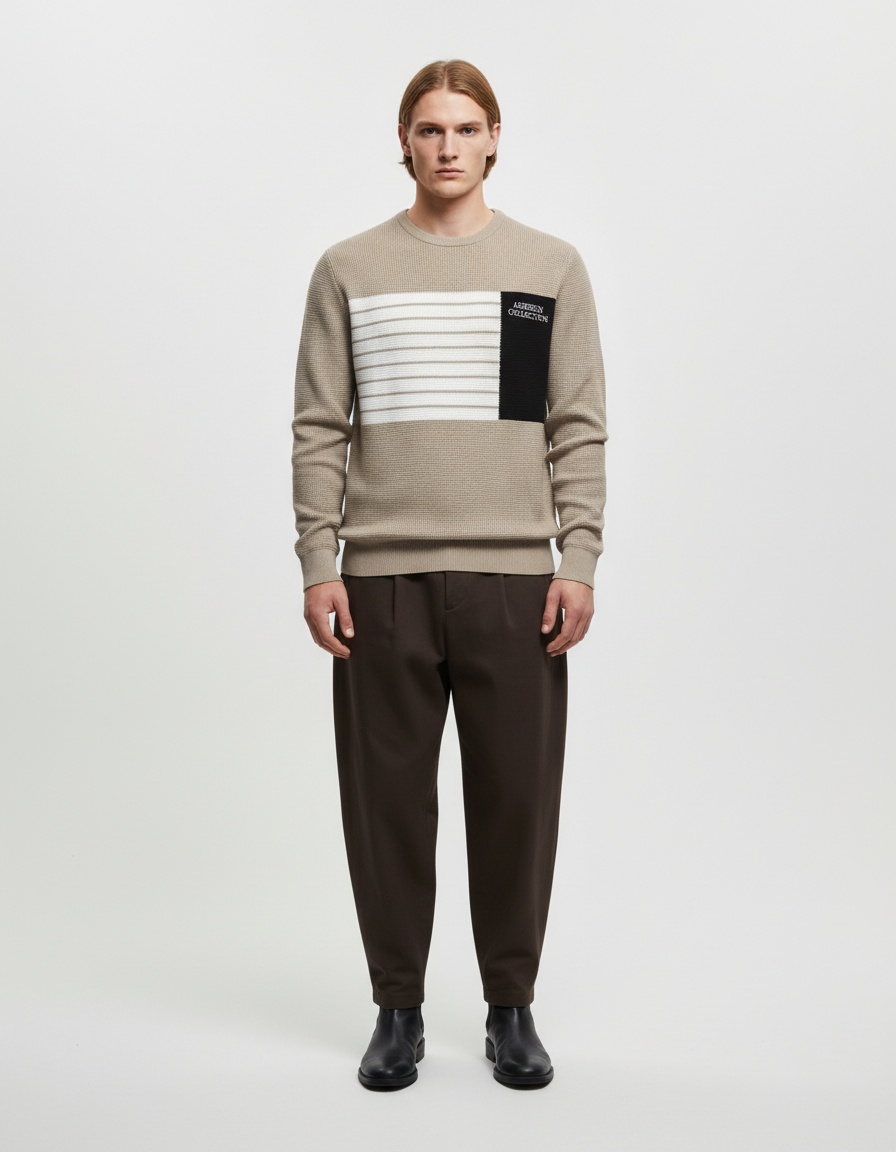 Casual Striped Patchwork Crew Neck Long-Sleeve Men's Autumn and Winter Sweater
