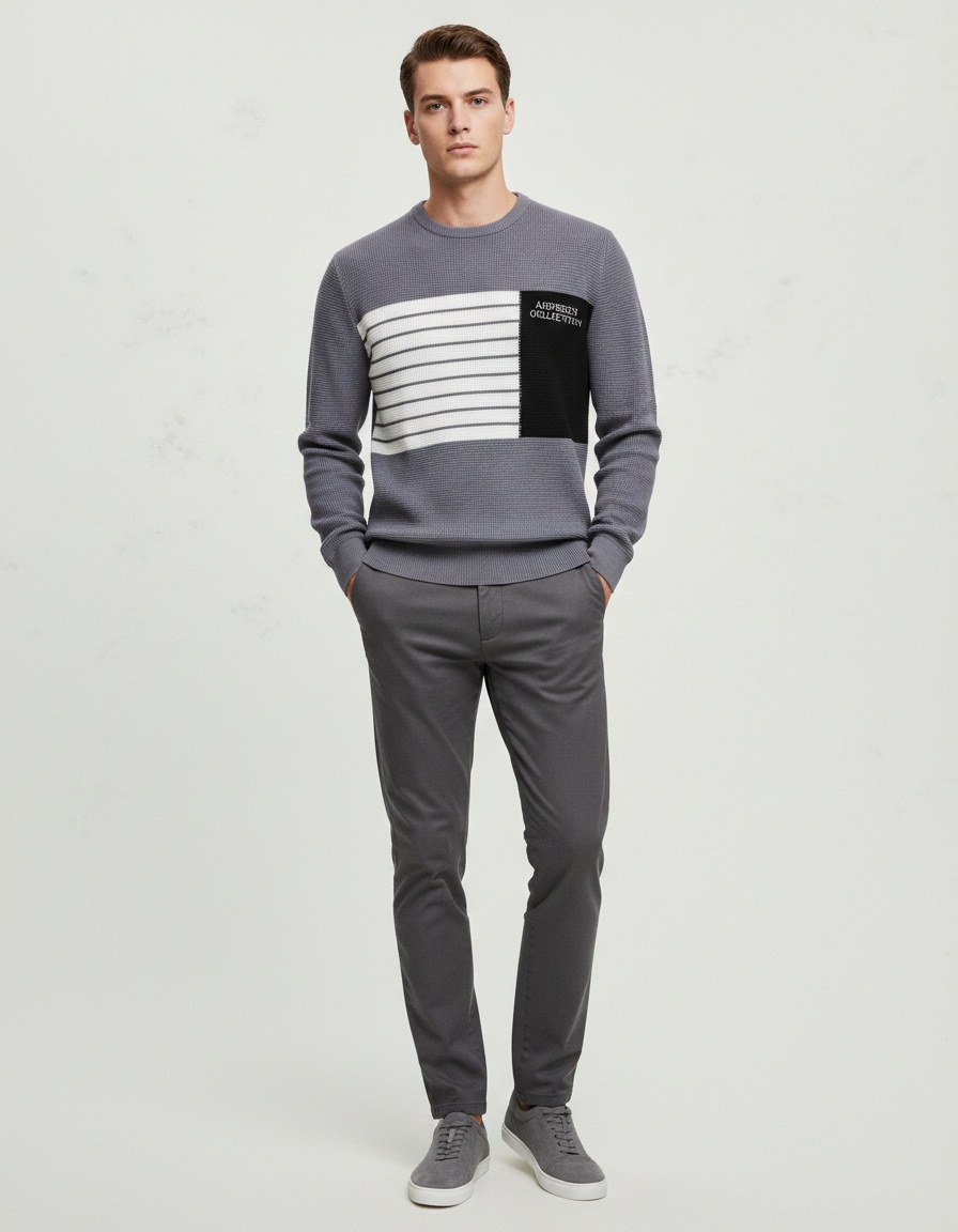 Casual Striped Patchwork Crew Neck Long-Sleeve Men's Autumn and Winter Sweater