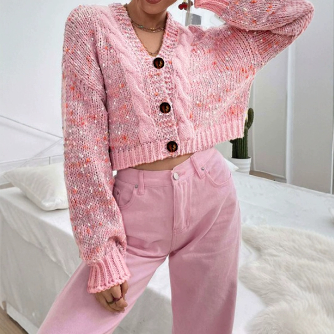 Knit Cardigan Cropped Sweater - Long Sleeve Open Front Loose Fall Winter