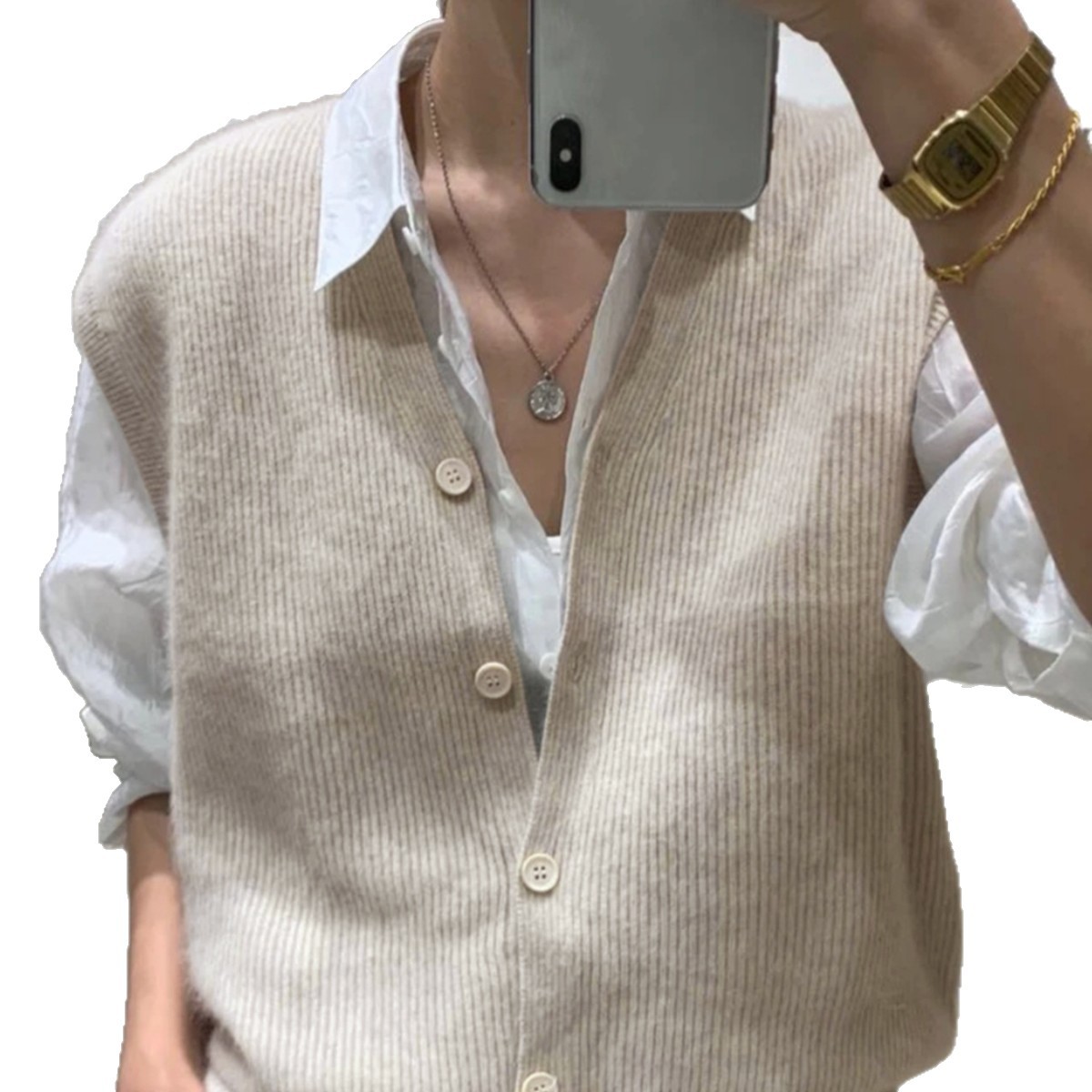 Ribbed Knit Button Down Vest Sleeveless V Neck Cardigan SSU-00045