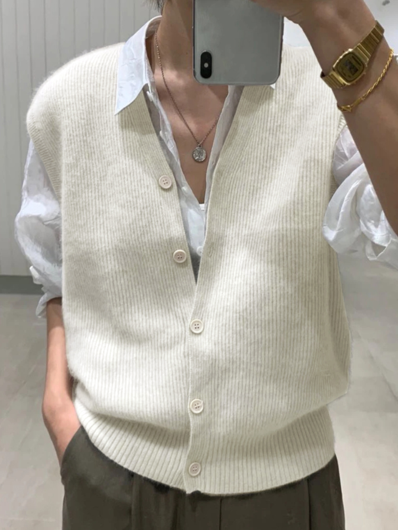 Ribbed Knit Button Down Vest Sleeveless V Neck Cardigan SSU-00045