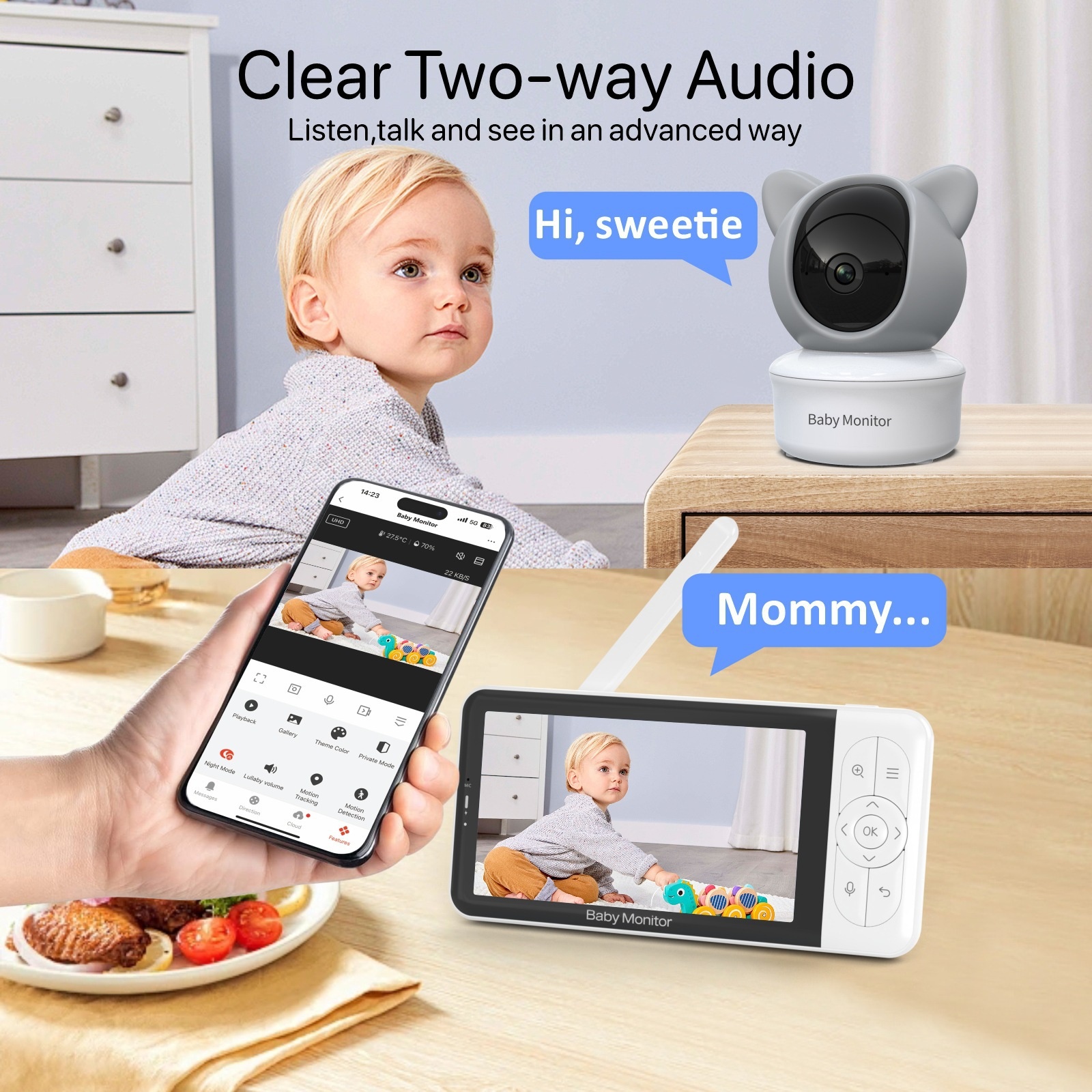 5'' HD Video Baby Monitor with 3000mAh Battery - Two-Way Talk #19250002