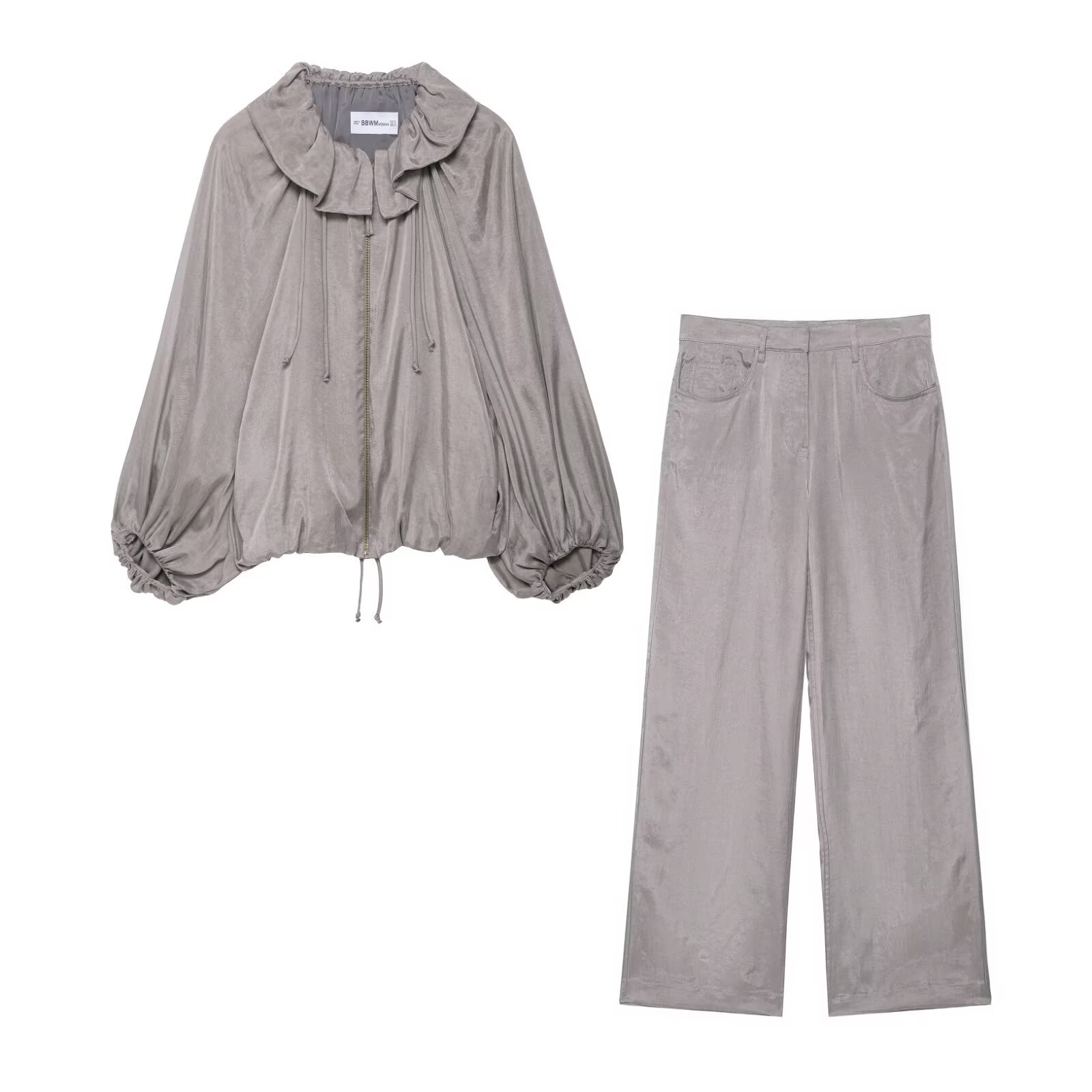 Ensemble blouson aviateur en satin et pantalon large KUN-00041