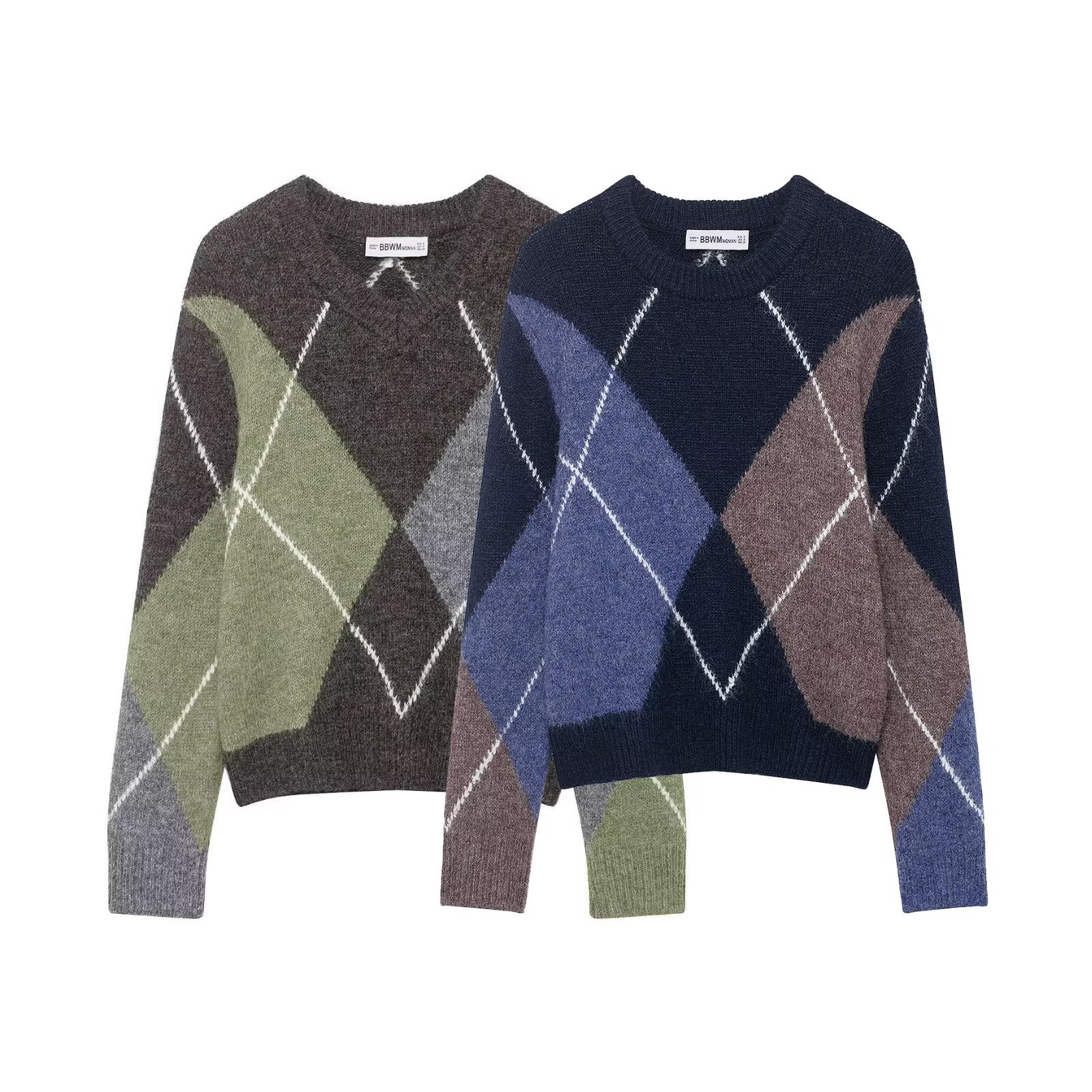 Knit Sweater Diamond Pattern Casual Chic Top KUN-00008