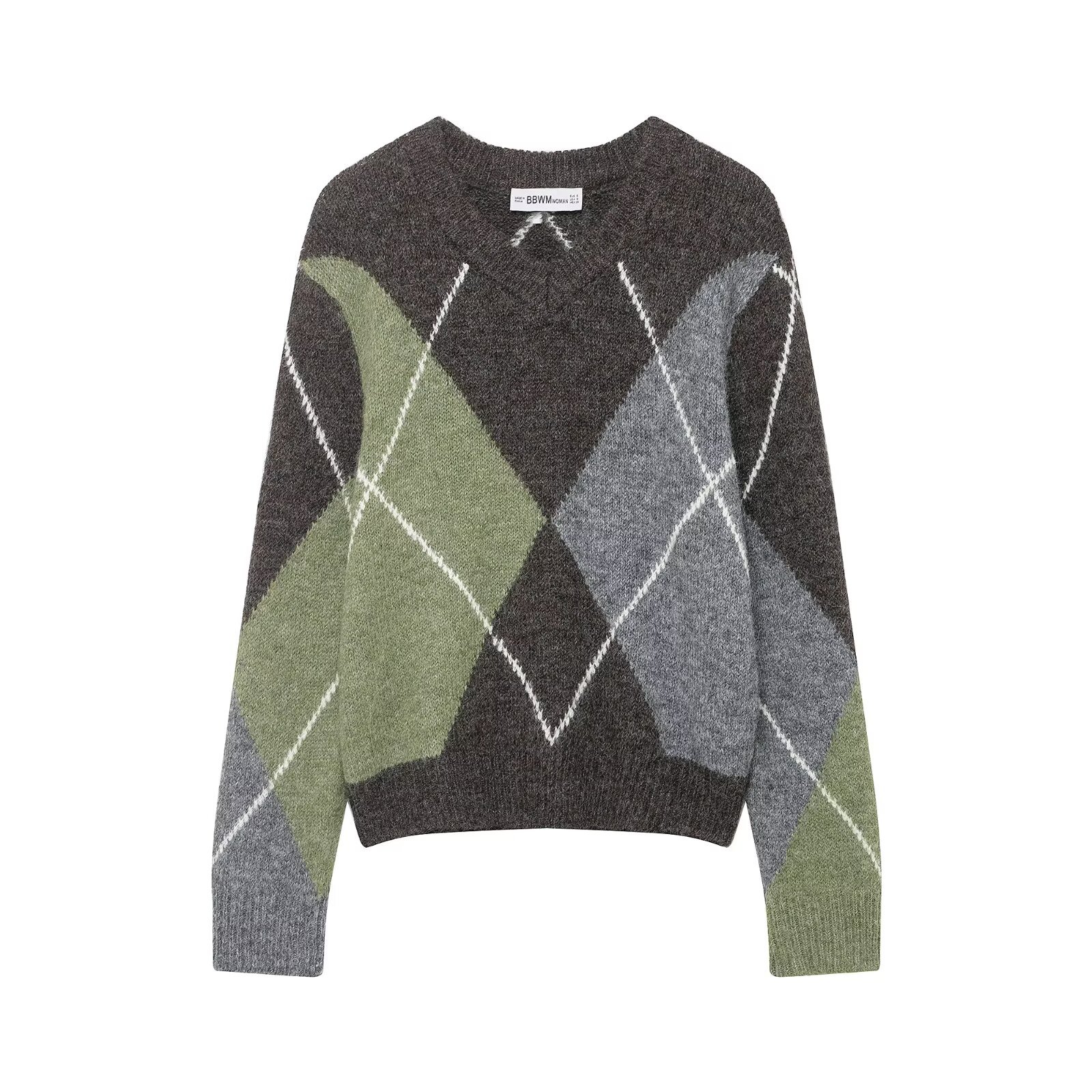 Knit Sweater Diamond Pattern Casual Chic Top KUN-00008