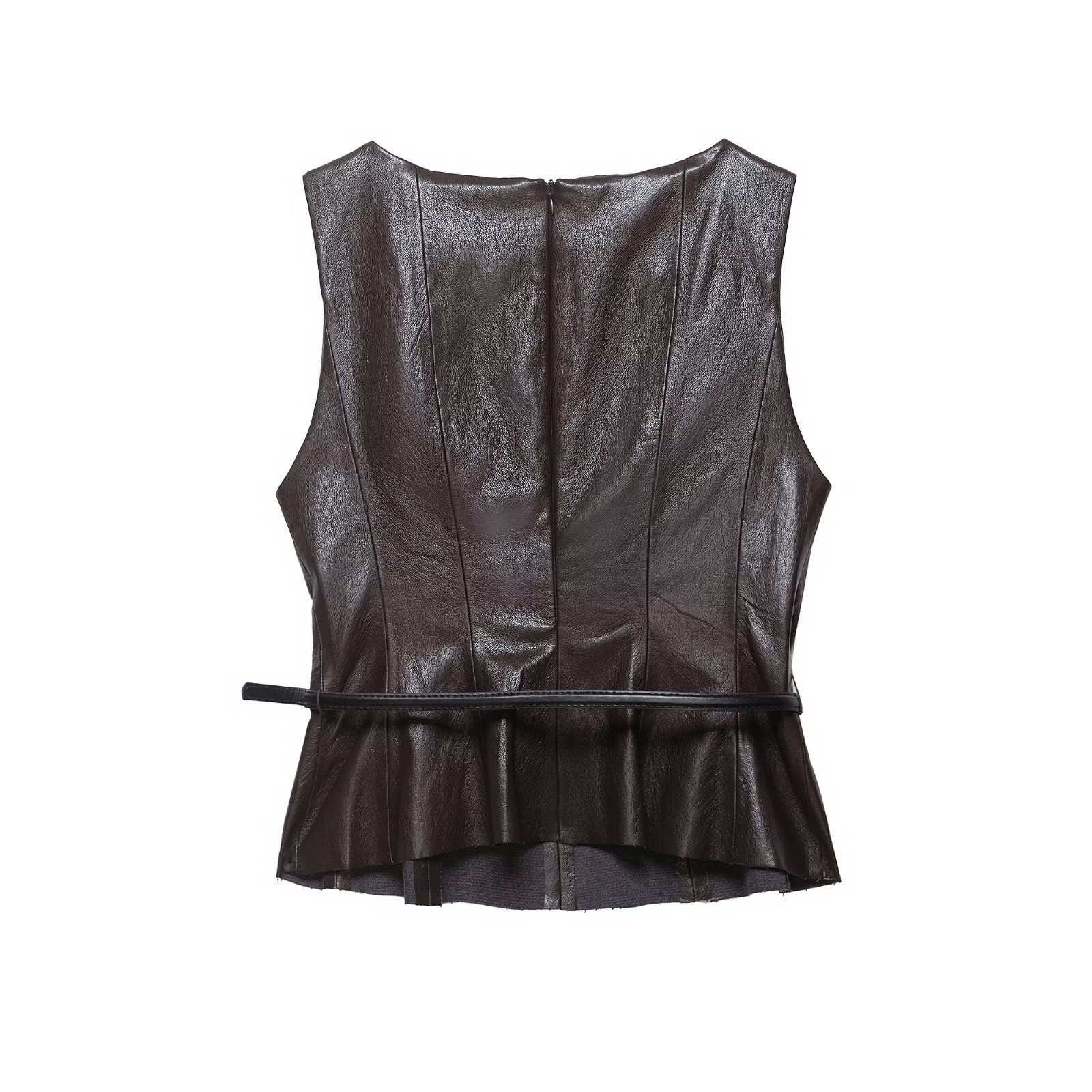 Conjunto de top de piel sintética y falda midi con cinturón KUN-00030