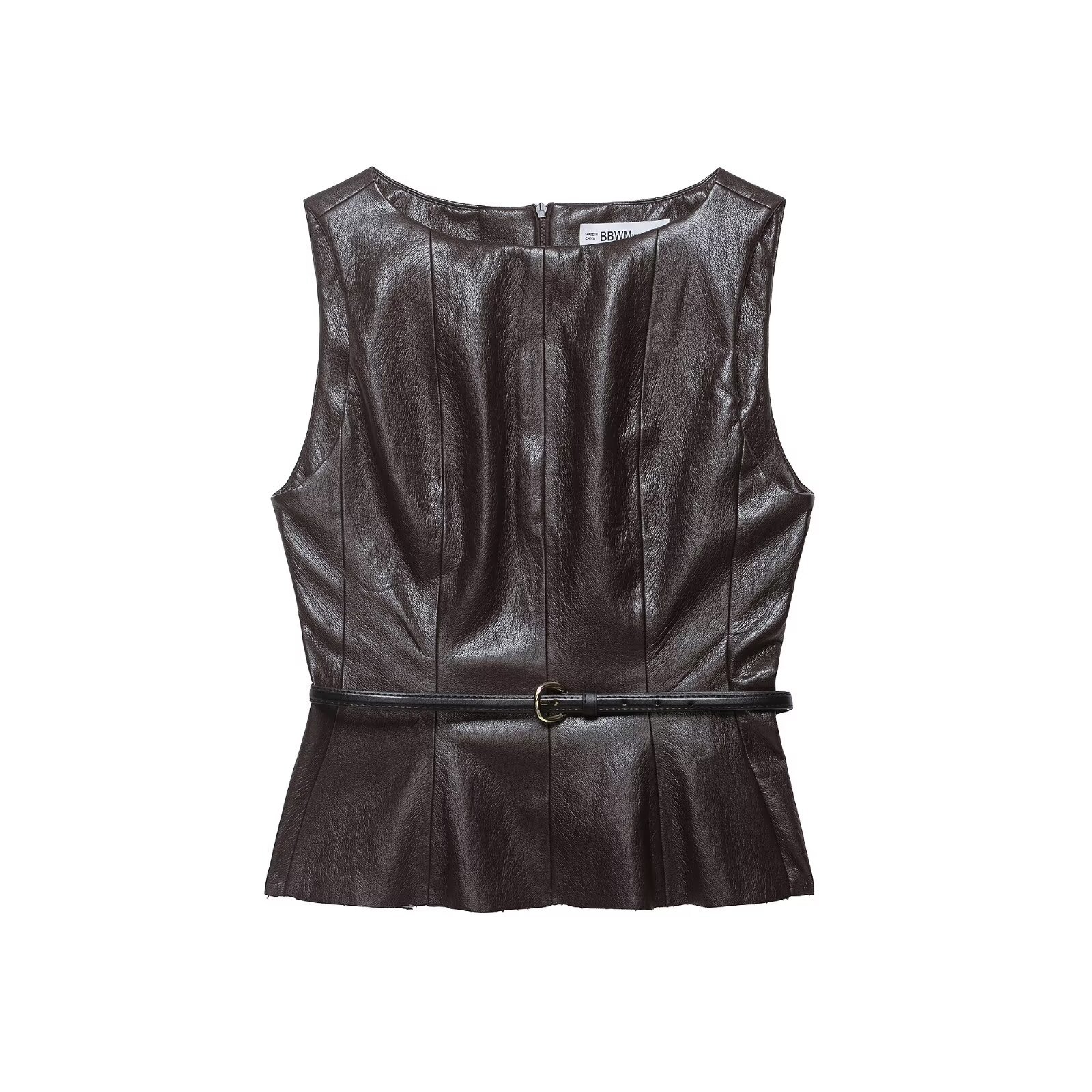 Conjunto de top de piel sintética y falda midi con cinturón KUN-00030