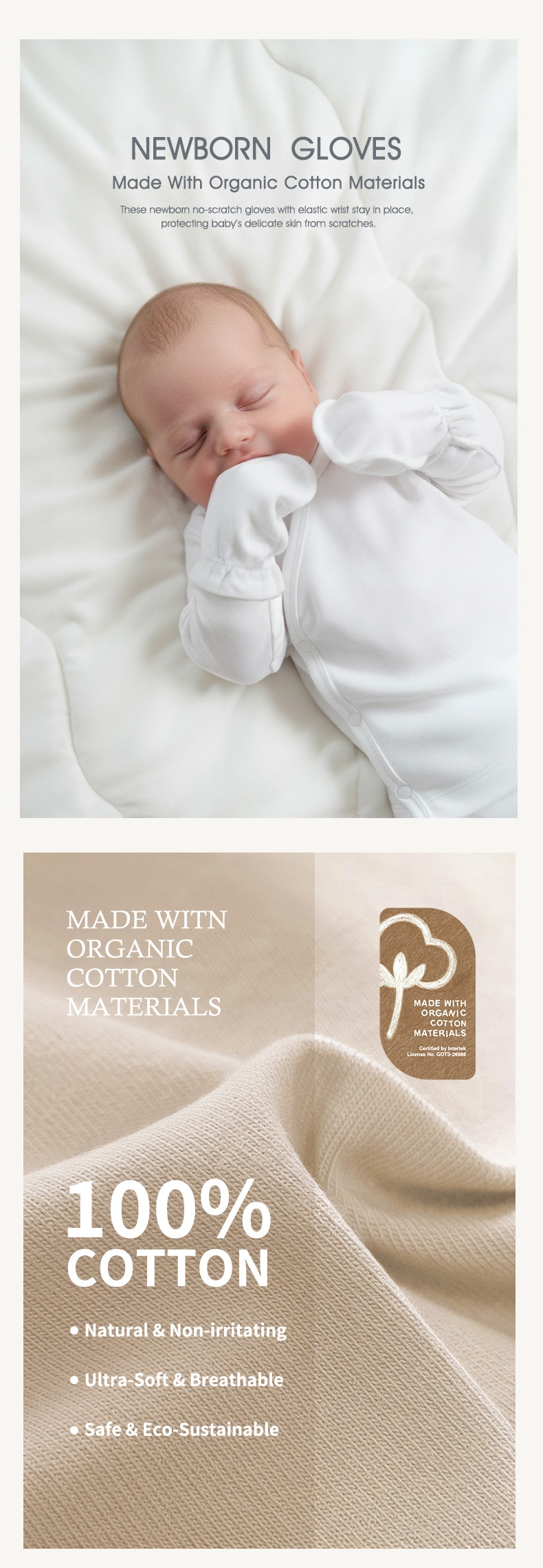 Organic Cotton Newborn No-Scratch Baby Gloves