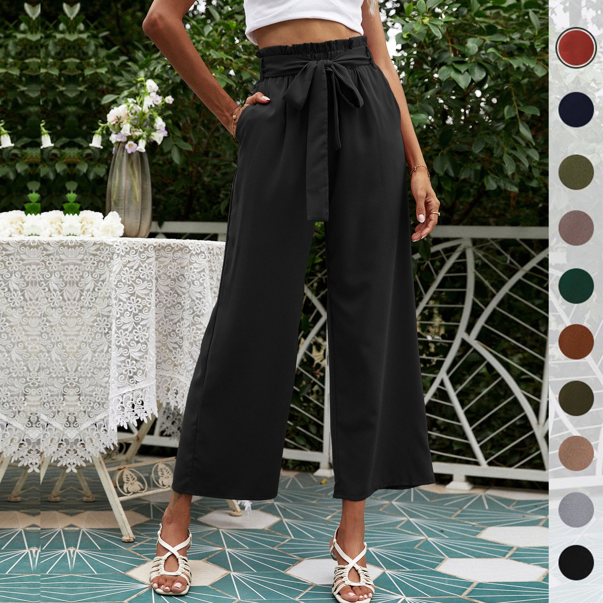 Women's High Waist Paperbag Wide Leg Palazzo Pants
