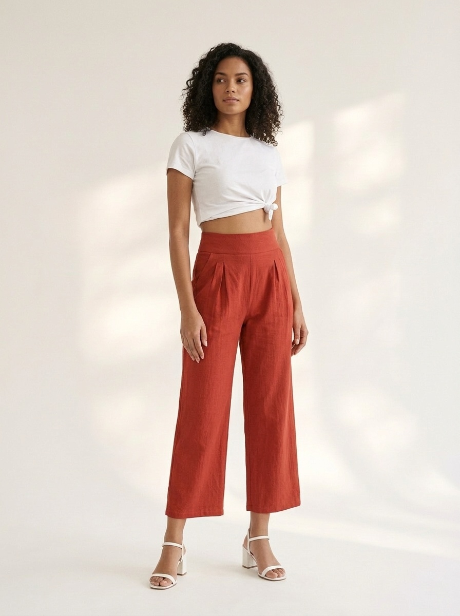 Women's High Waist Pleated Cropped Wide Leg Pants