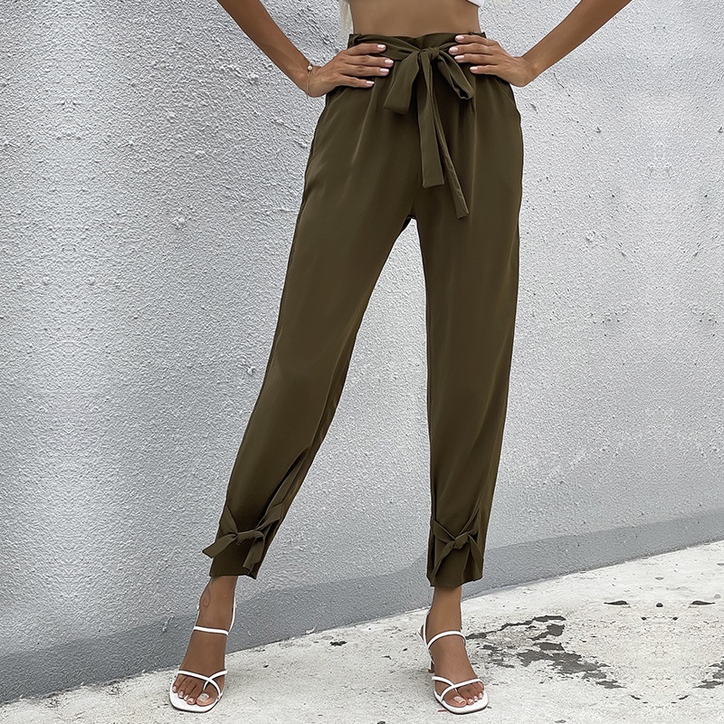 Women's High Waist Paperbag Pants with Tie Ankle Detail