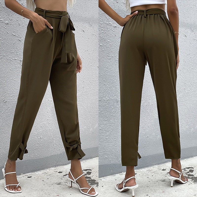 Women's High Waist Paperbag Pants with Tie Ankle Detail