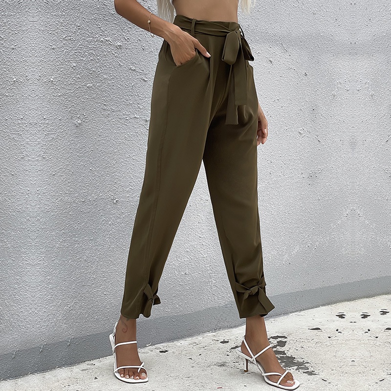 Women's High Waist Paperbag Pants with Tie Ankle Detail