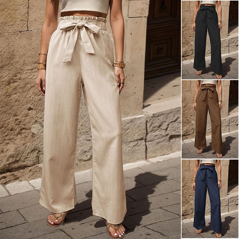 Women's High Waist Wide Leg Palazzo Pants with Tie Belt