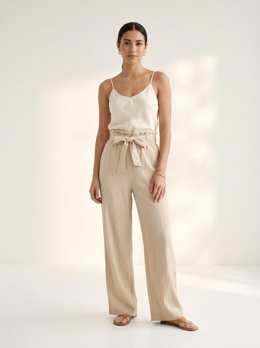 Women's High Waist Wide Leg Palazzo Pants with Tie Belt
