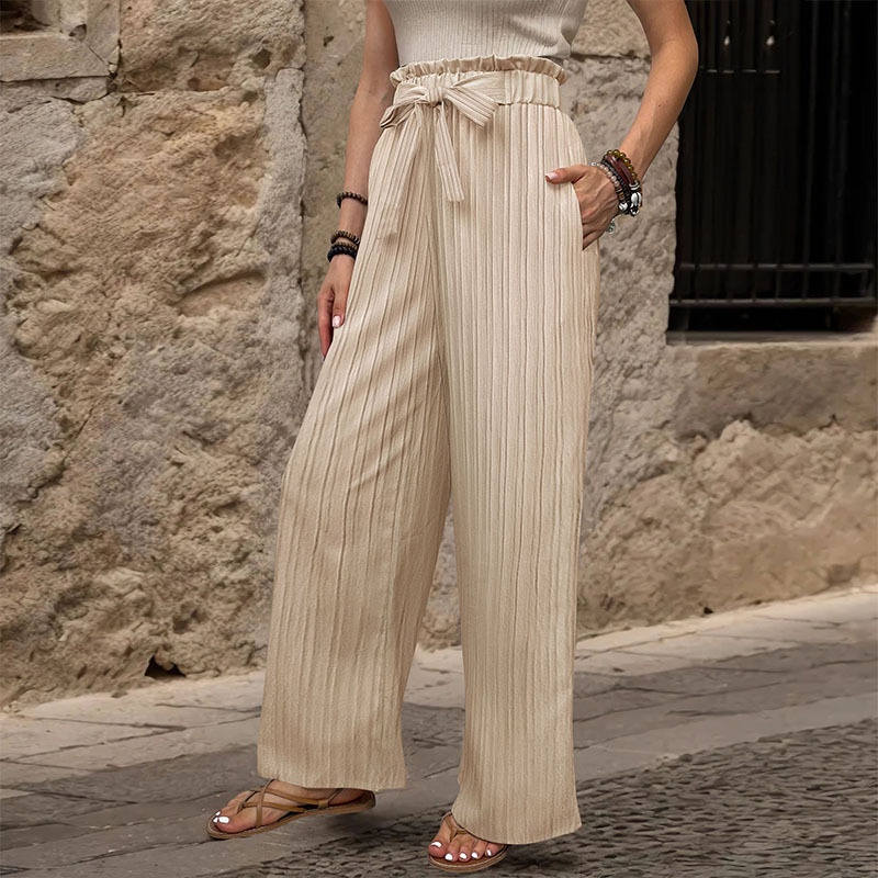 Women's High Waist Wide Leg Palazzo Pants with Tie Belt