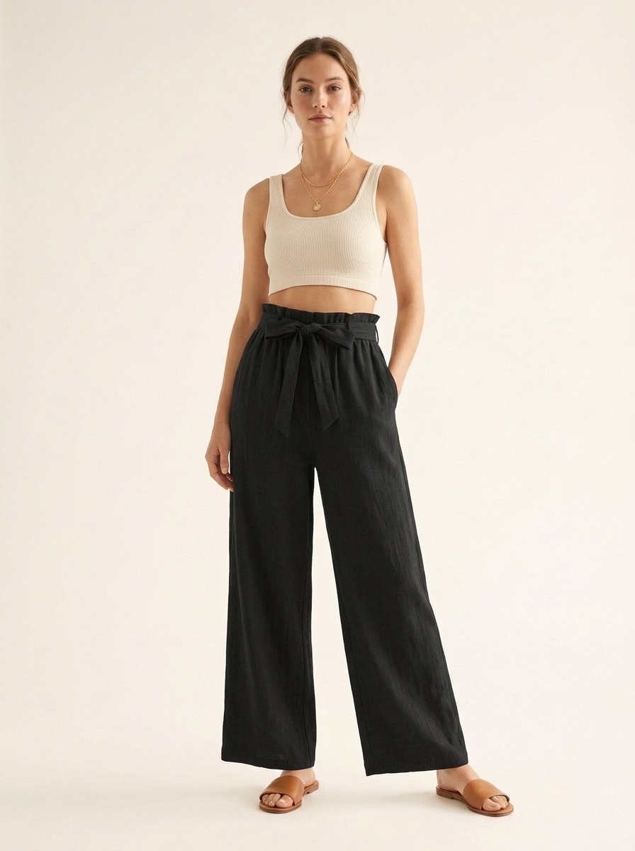 Women's High Waist Wide Leg Palazzo Pants with Tie Belt