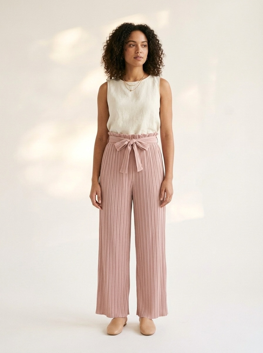 Women's High Waist Wide Leg Palazzo Pants with Tie Belt