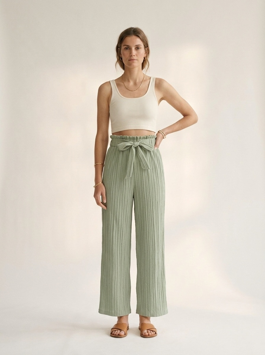 Women's High Waist Wide Leg Palazzo Pants with Tie Belt