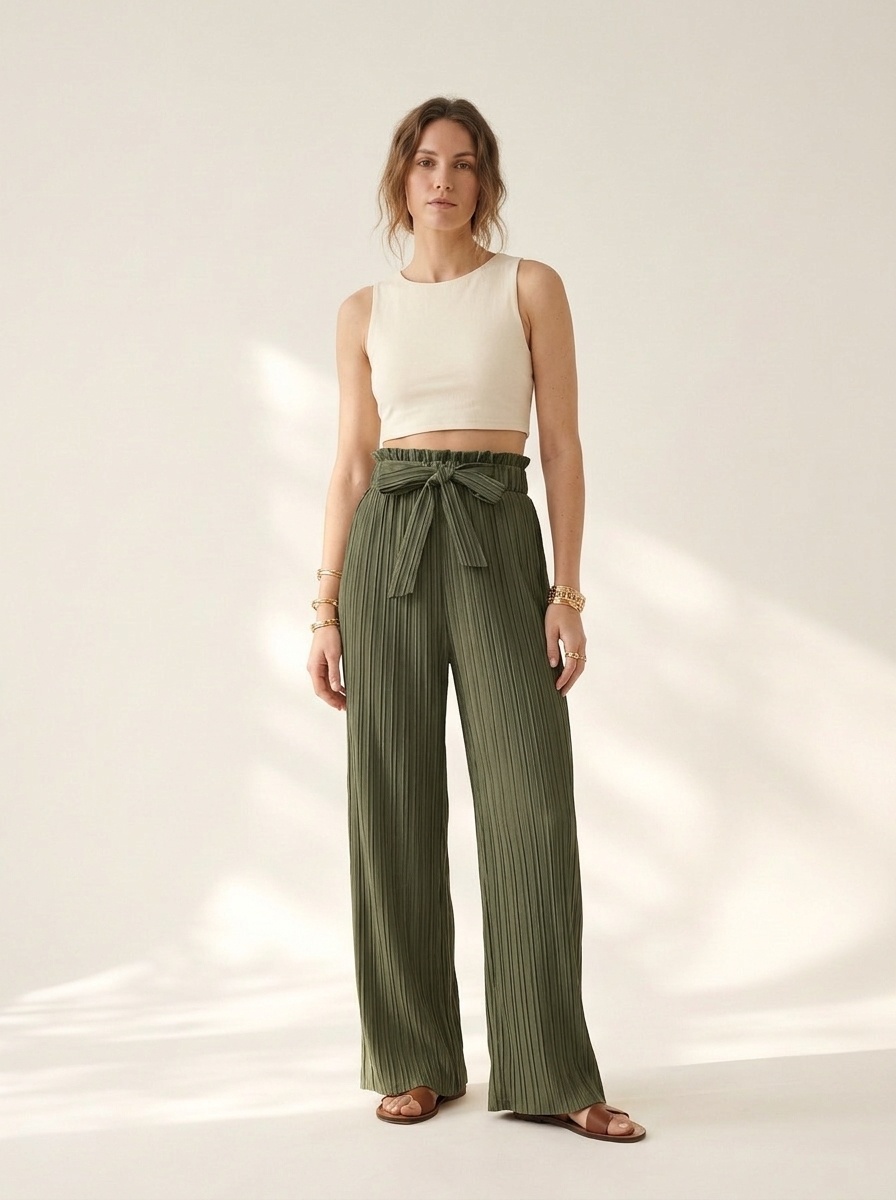 Women's High Waist Wide Leg Palazzo Pants with Tie Belt