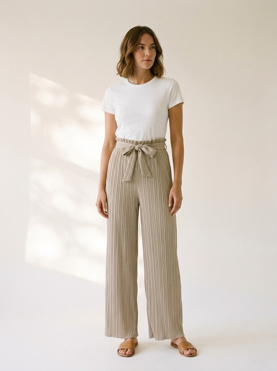 Women's High Waist Wide Leg Palazzo Pants with Tie Belt