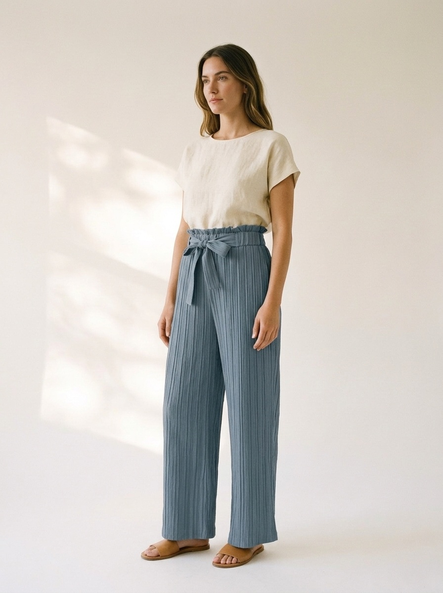 Women's High Waist Wide Leg Palazzo Pants with Tie Belt