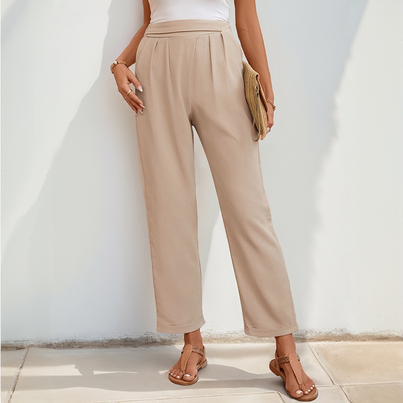 Pantalon décontracté plissé beige taille haute pour femme