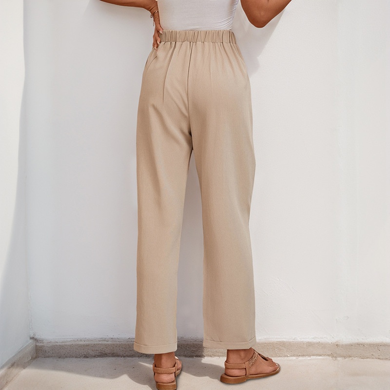 Pantalon décontracté plissé beige taille haute pour femme