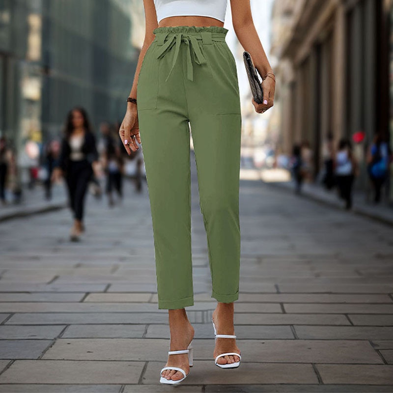 Pantalon fuselé à ceinture à nouer et taille haute pour femme