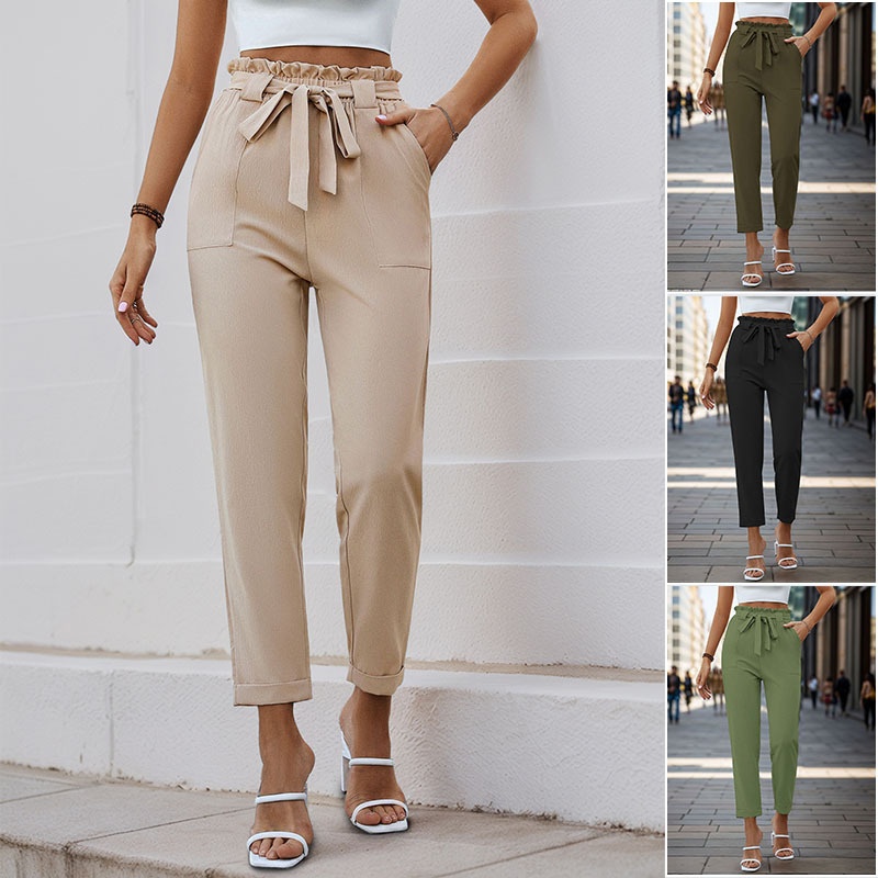 Pantalon fuselé à ceinture à nouer et taille haute pour femme