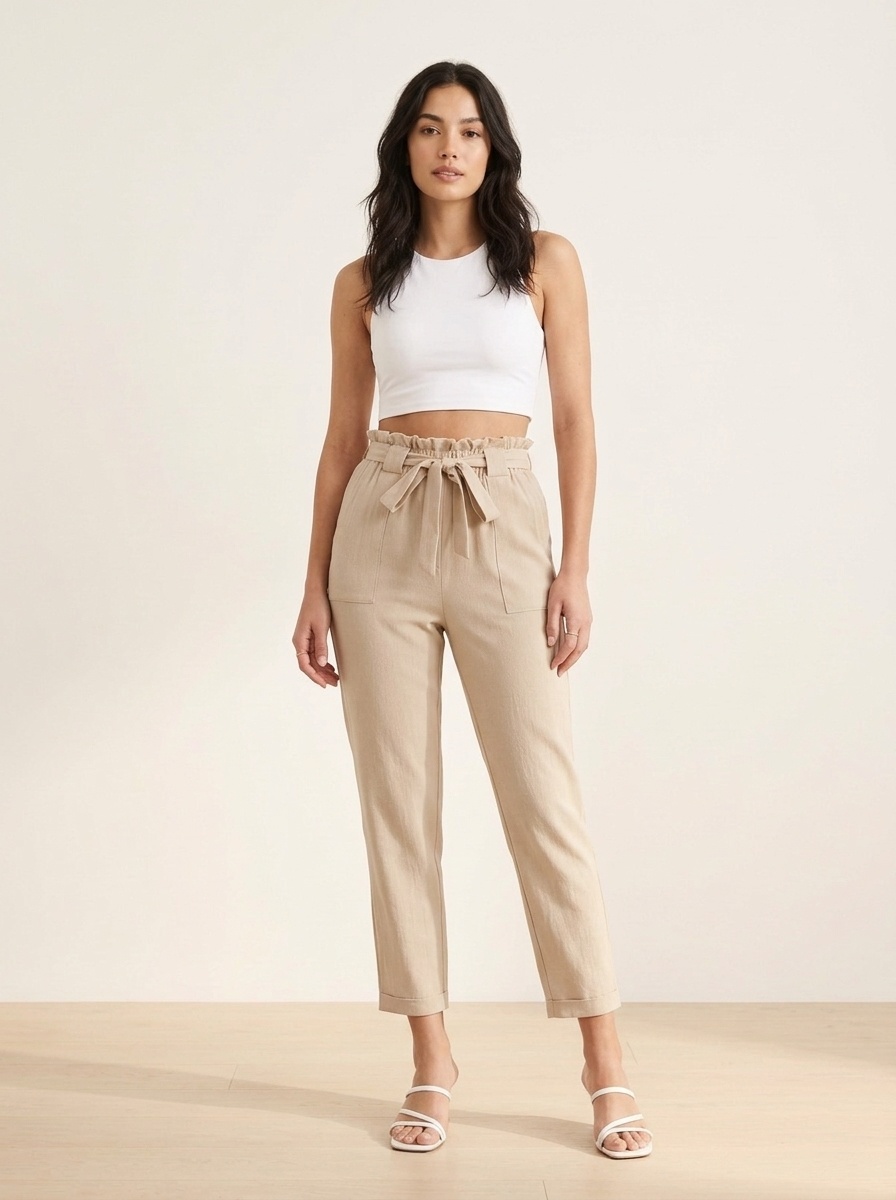 Pantalon fuselé à ceinture à nouer et taille haute pour femme