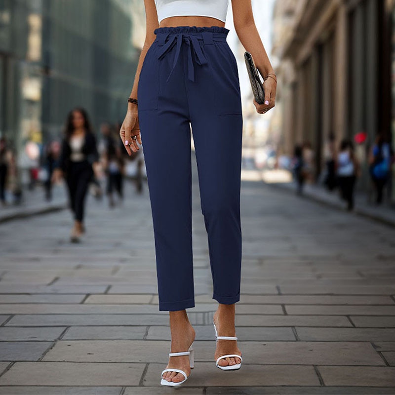 Pantalon fuselé à ceinture à nouer et taille haute pour femme