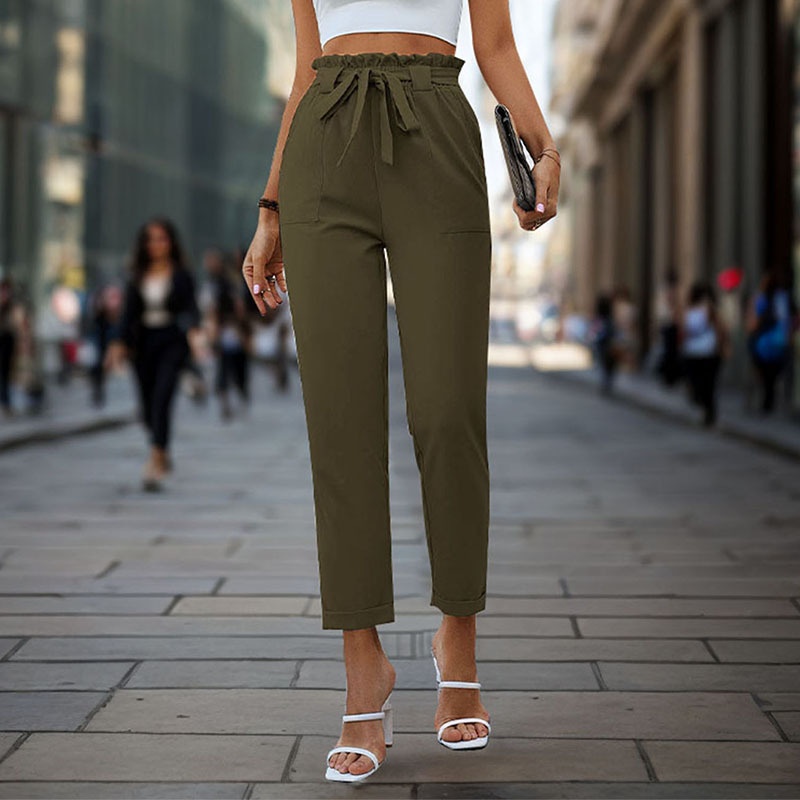 Pantalon fuselé à ceinture à nouer et taille haute pour femme