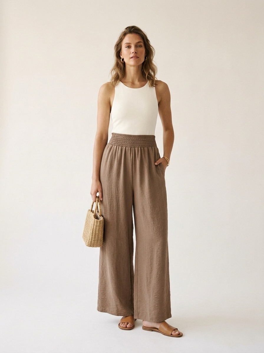Pantaloni palazzo da donna a vita alta e gamba larga con arricciatura