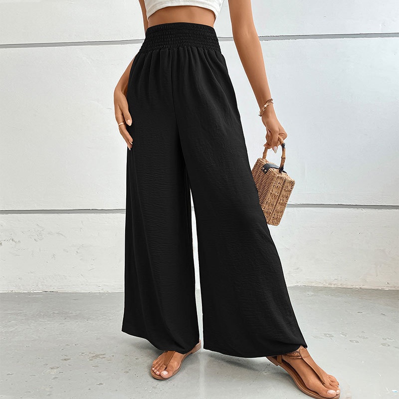 Pantaloni palazzo da donna a vita alta e gamba larga con arricciatura
