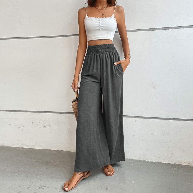 Pantaloni palazzo da donna a vita alta e gamba larga con arricciatura