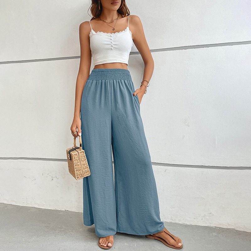 Pantaloni palazzo da donna a vita alta e gamba larga con arricciatura
