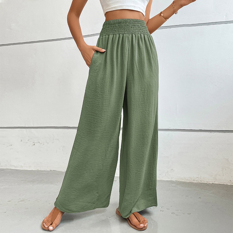 Pantaloni palazzo da donna a vita alta e gamba larga con arricciatura
