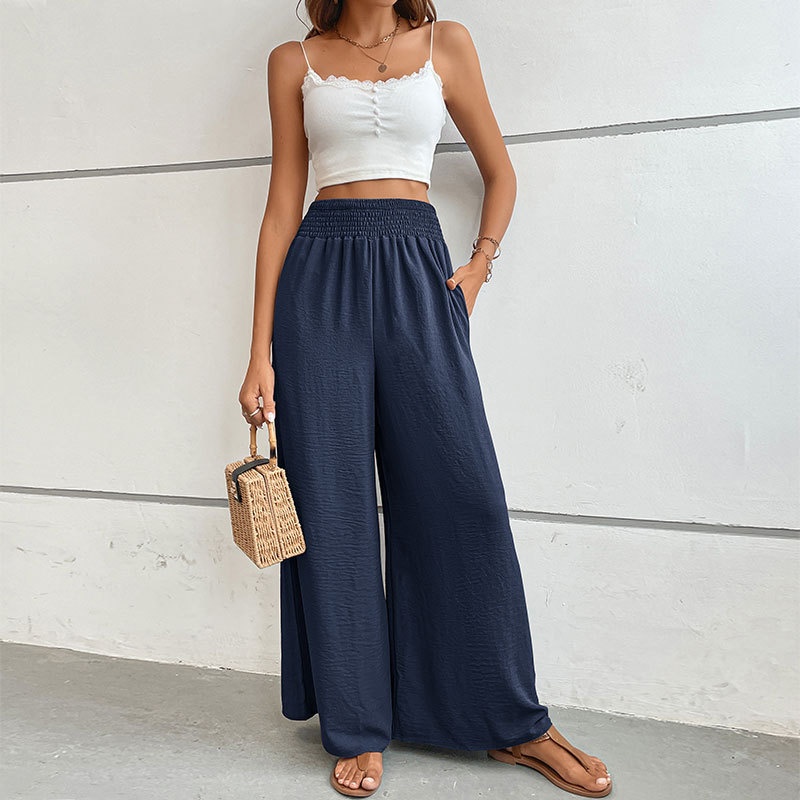 Pantaloni palazzo da donna a vita alta e gamba larga con arricciatura
