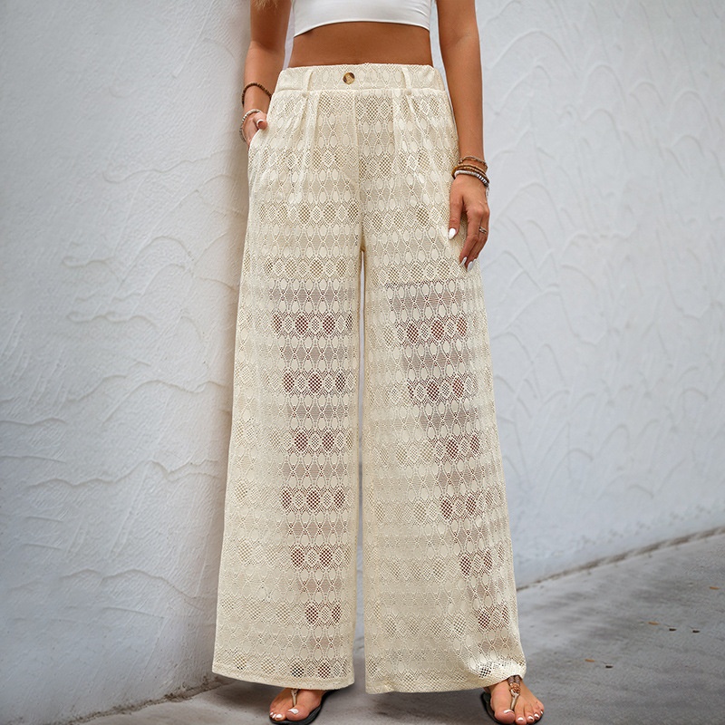 Pantalon de plage large en crochet pour femme - Blanc cassé