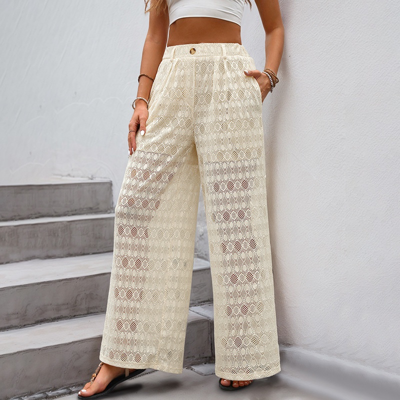 Pantalon de plage large en crochet pour femme - Blanc cassé