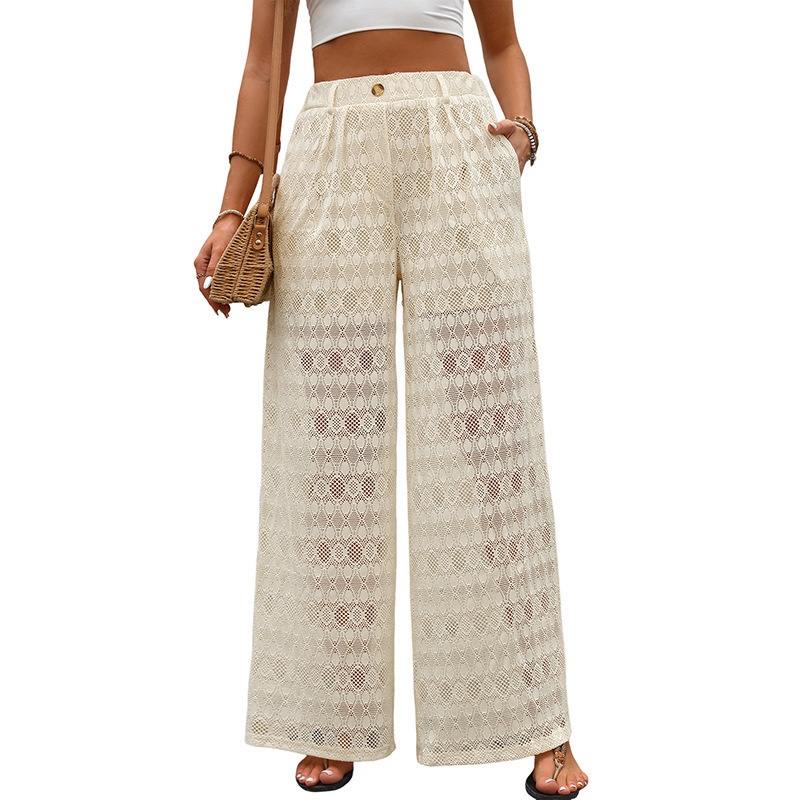 Pantalon de plage large en crochet pour femme - Blanc cassé