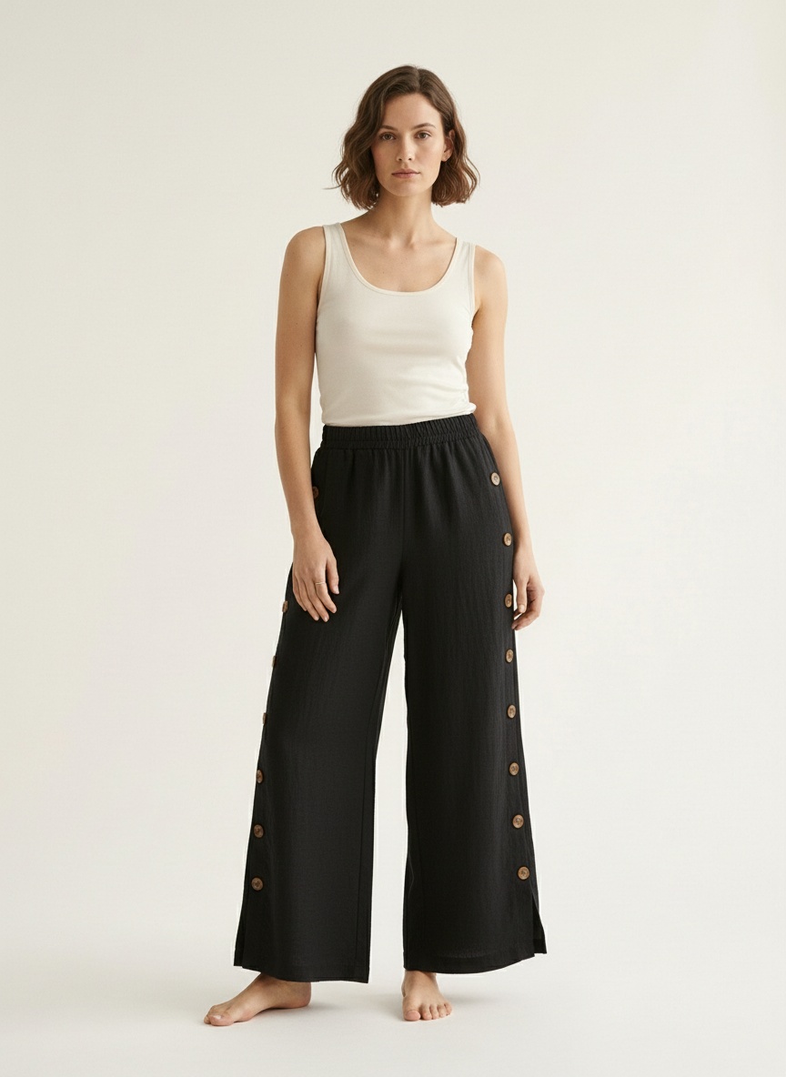 Pantalon palazzo noir à jambes larges et boutons latéraux